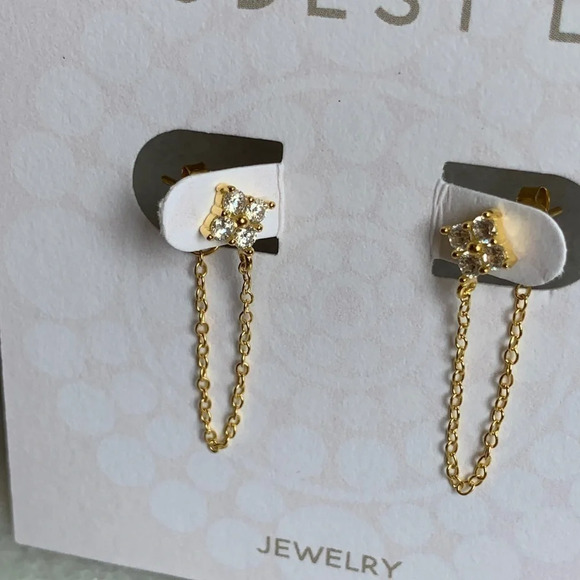 18K Gold Crystal Chain Stud Earrings - Picture 3 of 5